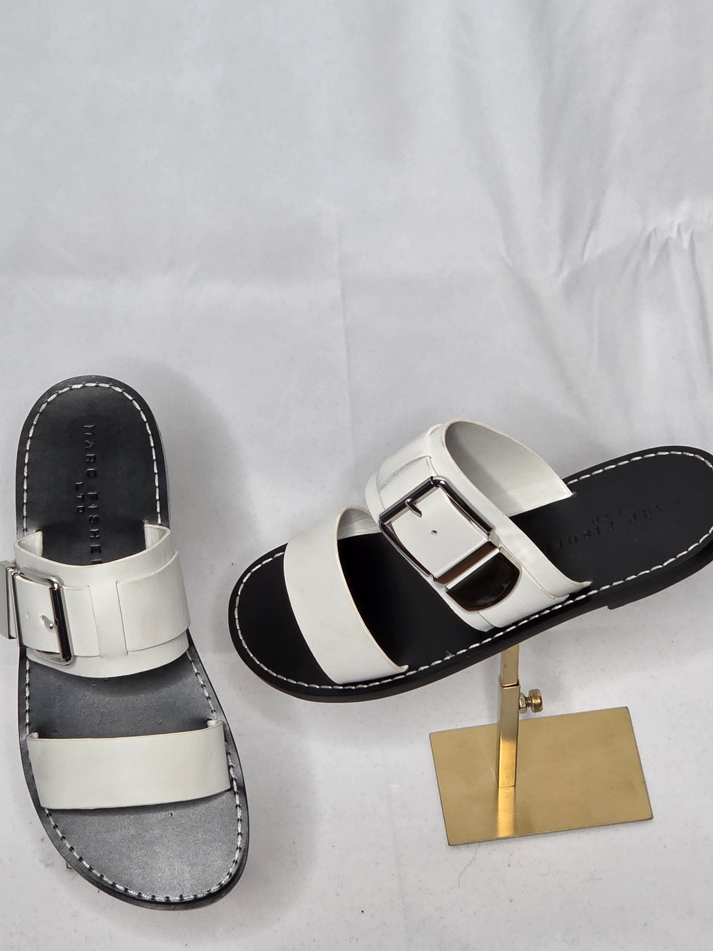 Marc Fisher White Leather Double-Strap Slide Sandals with Silver Buckle
